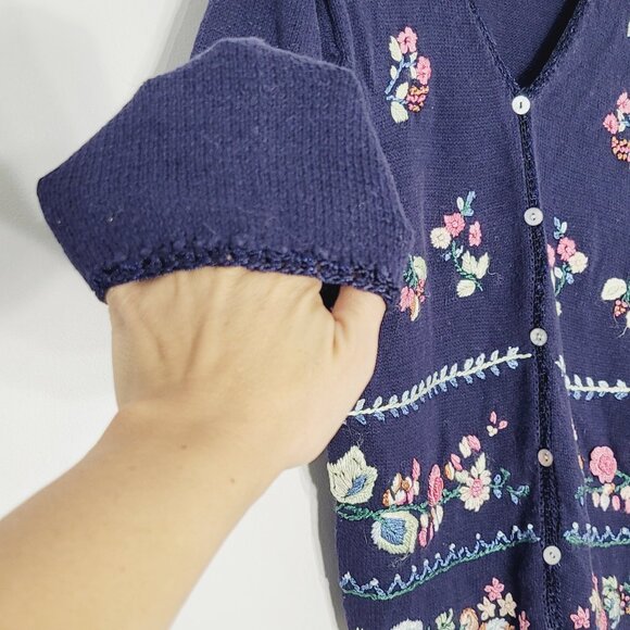 Carol Rose Vintage Navy Blue Knit Cardigan Floral Embroidery Grandma Cottagecore - Picture 4 of 12